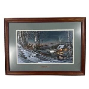 Terry Redlin Evening With Friends Framed Art Print 1989 Winter Cabin Deer Scene